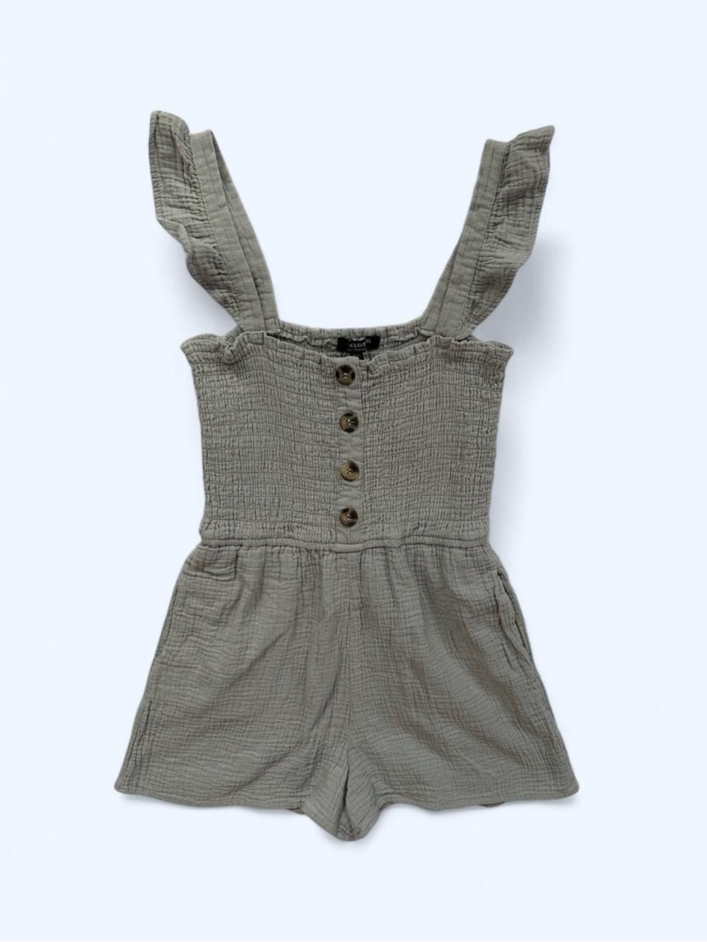 One Clothing Gauze Smocked Button Romper Gray XS Ruffle Straps Cottagecore